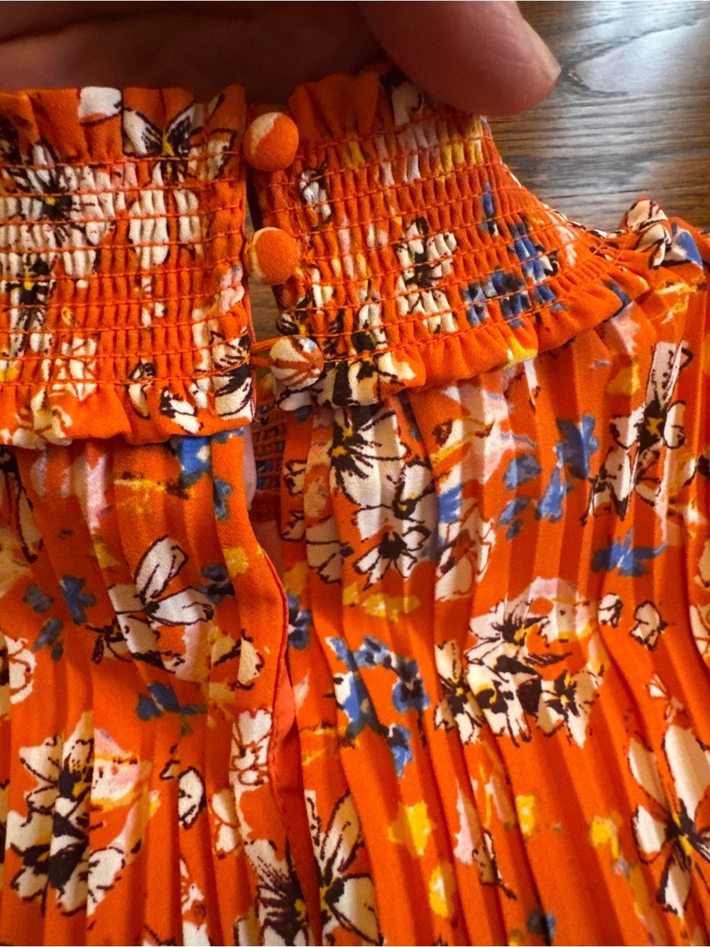 Nanette Lepore Orange Floral A-Line High Neck Pleated Smocked Lined Dress 10 - Picture 7 of 11